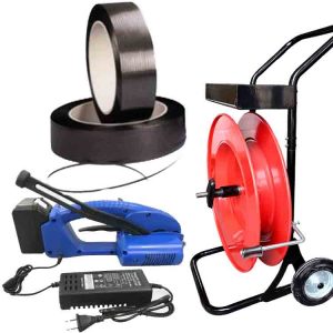 Muovivannenauhapaketti JET 12–16 mm PET/PP akulla, laturilla, PP-vannenauhalla 12 mm, vannenauhakärryllä